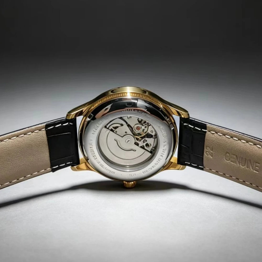 Highly stylish and simple men's mechanical wristwatch with automatic movement, hollowed-out design, waterproof, calendar dial, leather strap, suitable for daily commuting. Fashionable, casual, versatile, and trendy men's watc