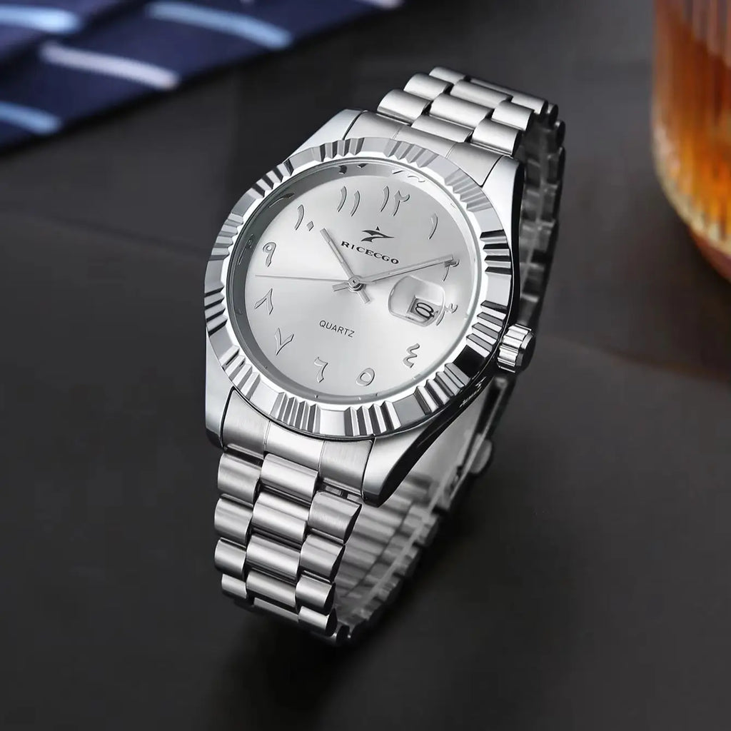 Men's business wristwatch, made of durable stainless steel, with a silver alloy case and classic Arabic numeral design, a durable and stylish timepiece